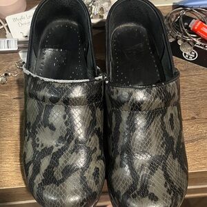 Dansko Black and Gray Snakeskin Pattern Clogs